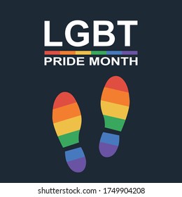 Shoe footprint colored in rainbow six color and text LGBT pride month on black background. Copy space for design or text. LGBT and pride celebration concept. Flat vector illustration