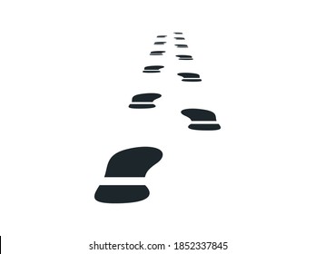 Shoe footprint, silhouette, black running away in perspective. Vector object on an isolated transparent background.
