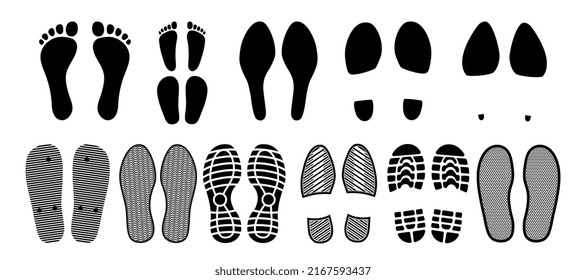 Huellas de zapatos, huellas de pie de lenguado, arranque o pasos, silueta vectorial. Huellas de zapatos de pistas de lenguado y botas, huellas de pies humanos y marcas de pasos descalzos, zapatillas de deporte y sandalias "flip-flop"