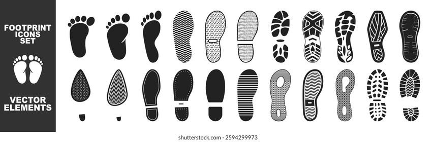 Shoe footprints isolated on transparent background. Shoe print vector set, vintage footprint tread marks for outdoor, hiking and adventure designs