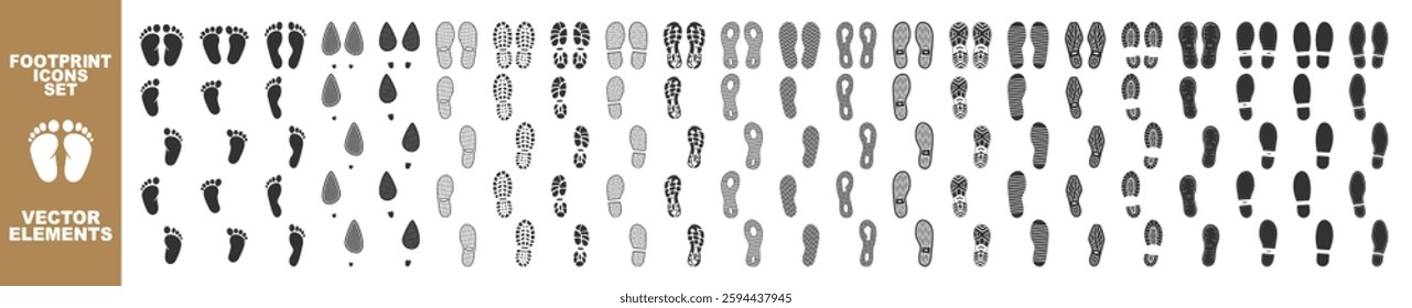 Shoe footprints isolated on transparent background. Shoe print vector set, vintage footprint tread marks for outdoor, hiking and adventure designs