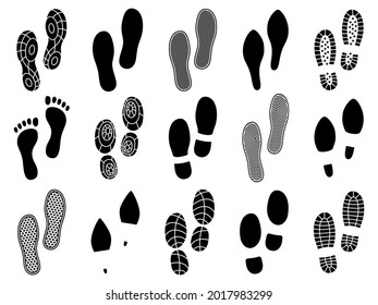 Shoe footprints. Soles prints marks, barefoot, boots and sports sneakers, human traces impression, men and women shoes black stamps. People steps texture. Vector isolated silhouettes set