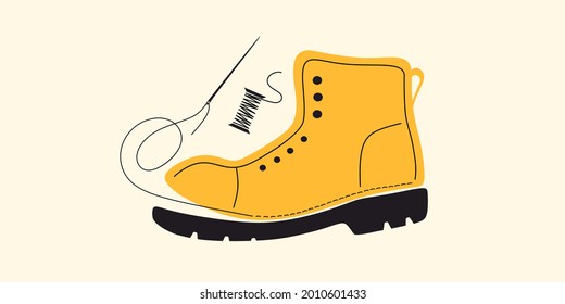 Shoe, footwear sewing and repair. Tailored handmade bespoke shoe, footwear.Bootmaker, shoemaker, cobbler tools. Сustom shoe atelier, workshop. DIY shoemaking.Colorful isolated flat vector illustration