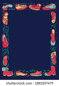 Shoe frame in colored doodle style on dark blue background for posters, cards, notebooks