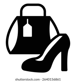 Shoe and handbag with price tag solid icon, black friday concept. Vector graphics. Woman footwear and bag, shopping sign on white background, style mobile or design