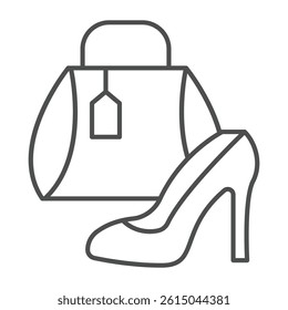 Shoe and handbag with price tag thin line icon, black friday concept. Vector graphics. Woman footwear and bag, shopping sign on white background, outline style icon for mobile or web design