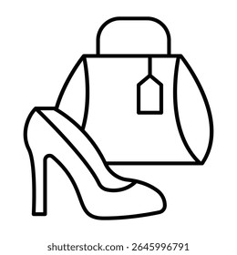 Shoe and handbag with price tag thin line icon, black friday concept. Vector graphics. Woman footwear and bag, shopping sign on white background, style mobile or design