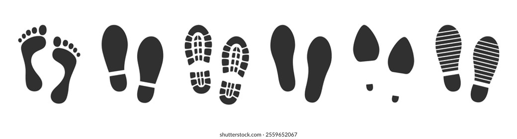 Shoe and human feet prints. Black boots, sneakers and bare feet silhouettes. Human steps traces. Footprints  vector illustration isolated on white background.