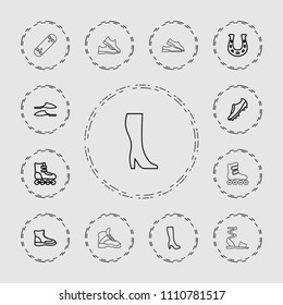 Shoe icon. collection of 13 shoe outline icons such as woman boot, slippers, boot, roller skate, soccer trainers, sandals. editable shoe icons for web and mobile.