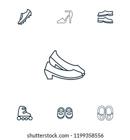 Shoe icon. collection of 7 shoe outline icons such as slippers, skate rollers, soccer trainers. editable shoe icons for web and mobile.