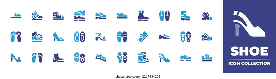 Shoe  icon collection. Duotone color. Vector illustration. Containing slippers, sport shoe, sport shoes, shoes, boots, shoe, flip flops, boot, high heels, climbing shoes, ballet, high heel.