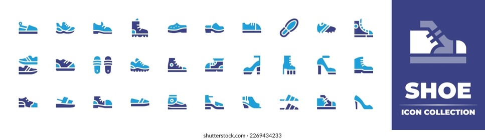 Shoe  icon collection. Duotone color. Vector illustration. Containing shoes, running shoes, sneakers, hiking boots, shoe, clog, baby shoes, shoe print, sandals, high heels, boots, sandal, clown, flat.