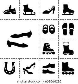 Shoe icon. set of 13 filled shoeicons such as boot, baby shoes, slippers, man shoe, shoe, skate rollers, trainers, ice skate, roller skate