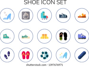 shoe icon set. 15 flat shoe icons.  Simple modern icons about  - cinderella, vestige, sneakers, roller skate, boots, flip flops, sandals, footprint, soccer, skate