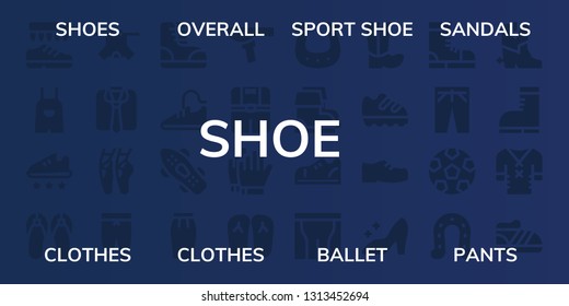 shoe icon set. 32 filled shoe icons. on blue background style Simple modern icons about  - Shoes, Overall, Sport shoe, Sandals, Clothes, Ballet, Pants, Boots, Sport shoes, Skateboard
