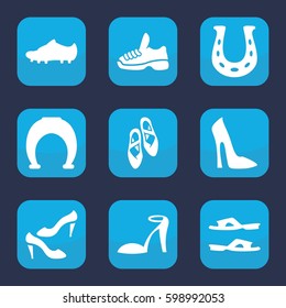 shoe icon. Set of 9 filled shoe icons such as woman shoe, heel sandals, slippers, shoe, soccer trainers