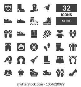 shoe icon set. Collection of 32 filled shoe icons included Heels, Ballet, Football shoes, Ice skate, Clothes, Horseshoe, Skirt, Boots, Balalaika, Footprint, Chelsea, Vestige, Trousers