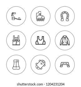 Shoe icon set. collection of 9 outline shoe icons with clothes, horseshoe, hoodie, sandals, skate, sport wear, shoe, roller skate icons. editable icons.
