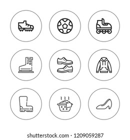 Shoe icon set. collection of 9 outline shoe icons with boots, clothes, football shoes, heel, ice skate, hoodie, roller skate, shoes icons. editable icons.
