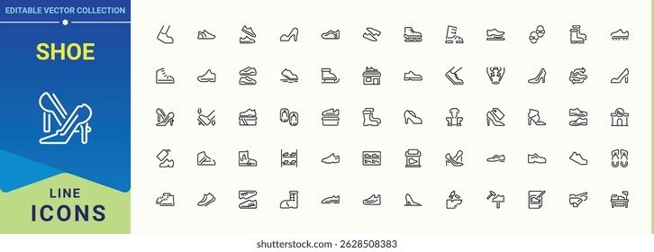 Conjunto de ícones de sapato. Ícone de chinelos definido. Coleção de ícones minimalistas. Pictogramas de couro, chinelos, sandálias, calçados e muito mais. Ilustração vetorial. Pixel perfeito.