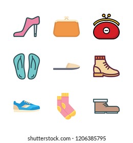 shoe icon set. vector set about socks, slipper, purse and flip flops icons set.