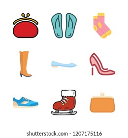 shoe icon set. vector set about purse, flip flops, boot and ballet flats icons set.