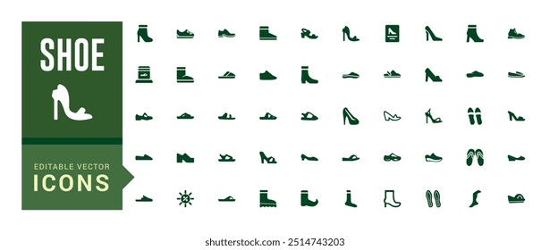 Shoe icons pack in solid style. Men and women shoes set collection vector illustration. Filled icon, solid icon set. Glyph icon set for web and ui. Vector illustration.