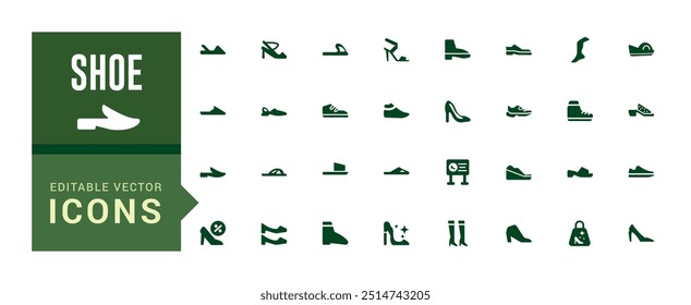 Shoe icons pack in solid style. Men and women shoes set collection vector illustration. Filled icon, solid icon set. Glyph icon set for web and ui. Vector illustration.