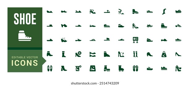 Shoe icons pack in solid style. Men and women shoes set collection vector illustration. Filled icon, solid icon set. Glyph icon set for web and ui. Vector illustration.