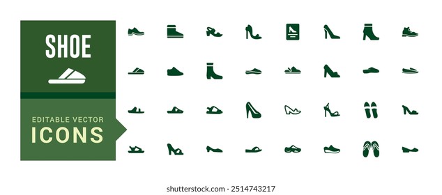 Shoe icons pack in solid style. Men and women shoes set collection vector illustration. Filled icon, solid icon set. Glyph icon set for web and ui. Vector illustration.