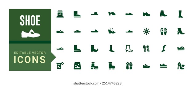 Shoe icons pack in solid style. Men and women shoes set collection vector illustration. Filled icon, solid icon set. Glyph icon set for web and ui. Vector illustration.