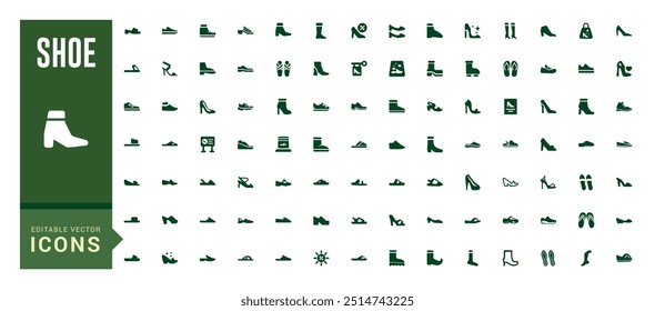 Shoe icons pack in solid style. Men and women shoes set collection vector illustration. Filled icon, solid icon set. Glyph icon set for web and ui. Vector illustration.