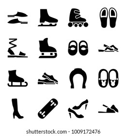 Shoe icons. set of 16 editable filled shoe icons such as baby shoes, woman boot, slippers, shoe, ice skating, skate rollers, ice skate, sandals, skating