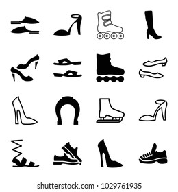 Shoe icons. set of 16 editable filled and outline shoe icons such as woman boot, woman shoe, heel sandals, slippers, sandals, roller skate, trainers