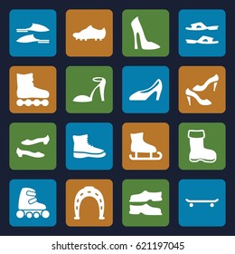 Shoe icons set. set of 16 shoe filled icons such as boot, woman shoe, heel sandals, slippers, skate rollers, soccer trainers, roller skate, skating