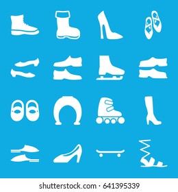 Shoe icons set. set of 16 shoe filled icons such as boot, baby shoes, woman boot, woman shoe, slippers, sandals, man shoe, skate rollers, ice skate