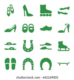 Shoe icons set. set of 16 shoe filled icons such as baby shoes, woman shoe, heel sandals, horseshoe, slippers, shoe, soccer trainers, roller skate, skating