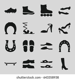 Shoe icons set. set of 16 shoe filled icons such as woman boot, heel sandals, horseshoe, slippers, sandals, shoe, soccer trainers, horseshoe, boot, roller skate