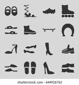 Shoe icons set. set of 16 shoe filled icons such as baby shoes, woman boot, woman shoe, heel sandals, slippers, sandals, soccer trainers, trainers, boot, roller skate