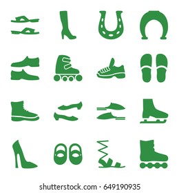 Shoe icons set. set of 16 shoe filled icons such as baby shoes, woman boot, woman shoe, slippers, sandals, skate rollers, trainers, ice skate, boot
