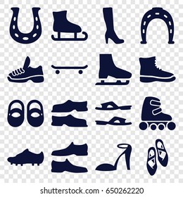 Shoe icons set. set of 16 shoe filled icons such as baby shoes, woman boot, heel sandals, horseshoe, slippers, man shoe, ballet shoes, skate rollers, soccer trainers, trainers