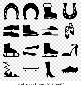 Shoe icons set. set of 16 shoe filled icons such as boot, woman boot, heel sandals, horseshoe, slippers, sandals, shoe, ballet shoes, soccer trainers, ice skate, horseshoe