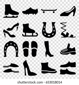 Shoe icons set. set of 16 shoe filled icons such as woman boot, woman shoe, horseshoe, slippers, sandals, soccer trainers, trainers, ice skate, boot, skating
