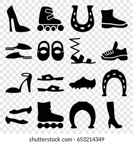 Shoe icons set. set of 16 shoe filled icons such as baby shoes, woman boot, woman shoe, heel sandals, horseshoe, slippers, sandals, skate rollers, soccer trainers, trainers