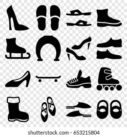Shoe icons set. set of 16 shoe filled icons such as boot, baby shoes, woman shoe, slippers, man shoe, skate rollers, trainers, skating