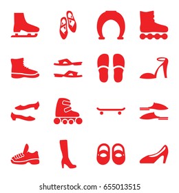 Shoe icons set. set of 16 shoe filled icons such as baby shoes, woman boot, heel sandals, slippers, shoe, woman shoe, skate rollers, trainers, ice skate, boot, roller skate