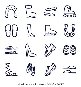 shoe icons set. Set of 16 shoe outline icons such as boot, baby shoes, woman boot, woman shoe, Horseshoe, slippers, sandals, shoe, skate rollers, soccer trainers, trainers