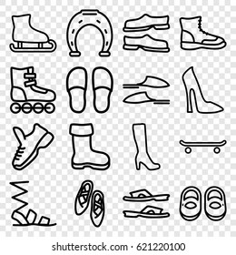 Shoe icons set. set of 16 shoe outline icons such as boot, baby shoes, woman boot, woman shoe, slippers, sandals, ballet shoes, trainers, horseshoe, roller skate, skating