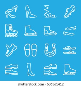 Shoe icons set. set of 16 shoe outline icons such as woman boot, woman shoe, slippers, sandals, soccer trainers, trainers, ice skate, boot, roller skate