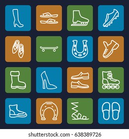 Shoe icons set. set of 16 shoe outline icons such as boot, woman boot, woman shoe, slippers, sandals, man shoe, soccer trainers, trainers, ice skate, roller skate